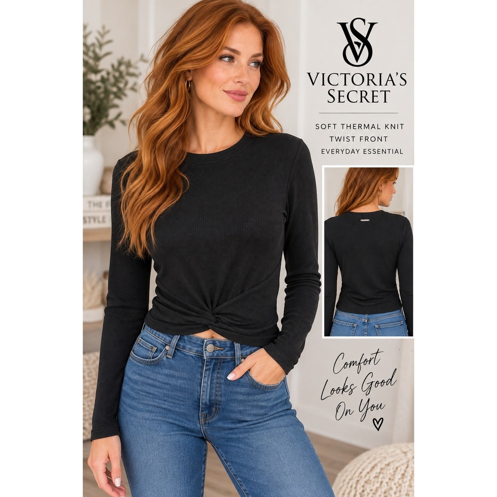 Victoria's Secret Black Twist Front Thermal Knit Long Sleeve Top Small